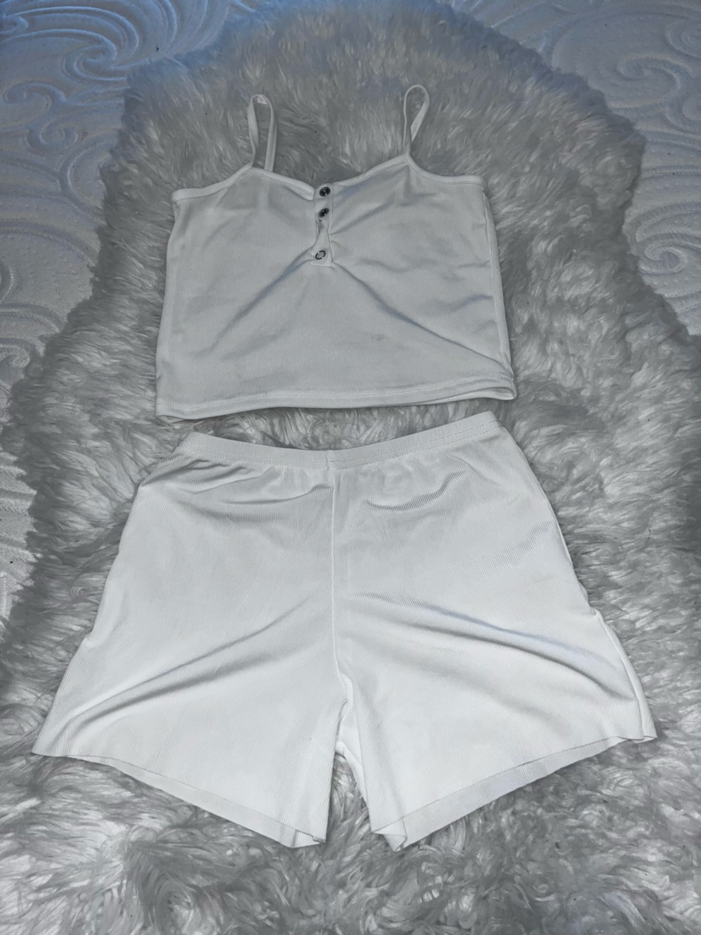 Women’s White Ribbed Spaghetti Strap Crop Top and Short set